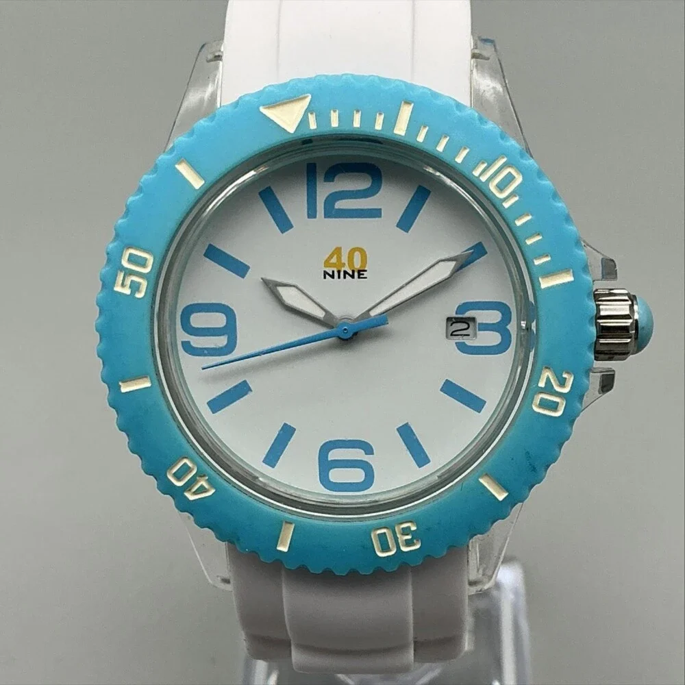 40nine Mens Watch 40mm White Dial Blue Bezel Silicone Date New Battery